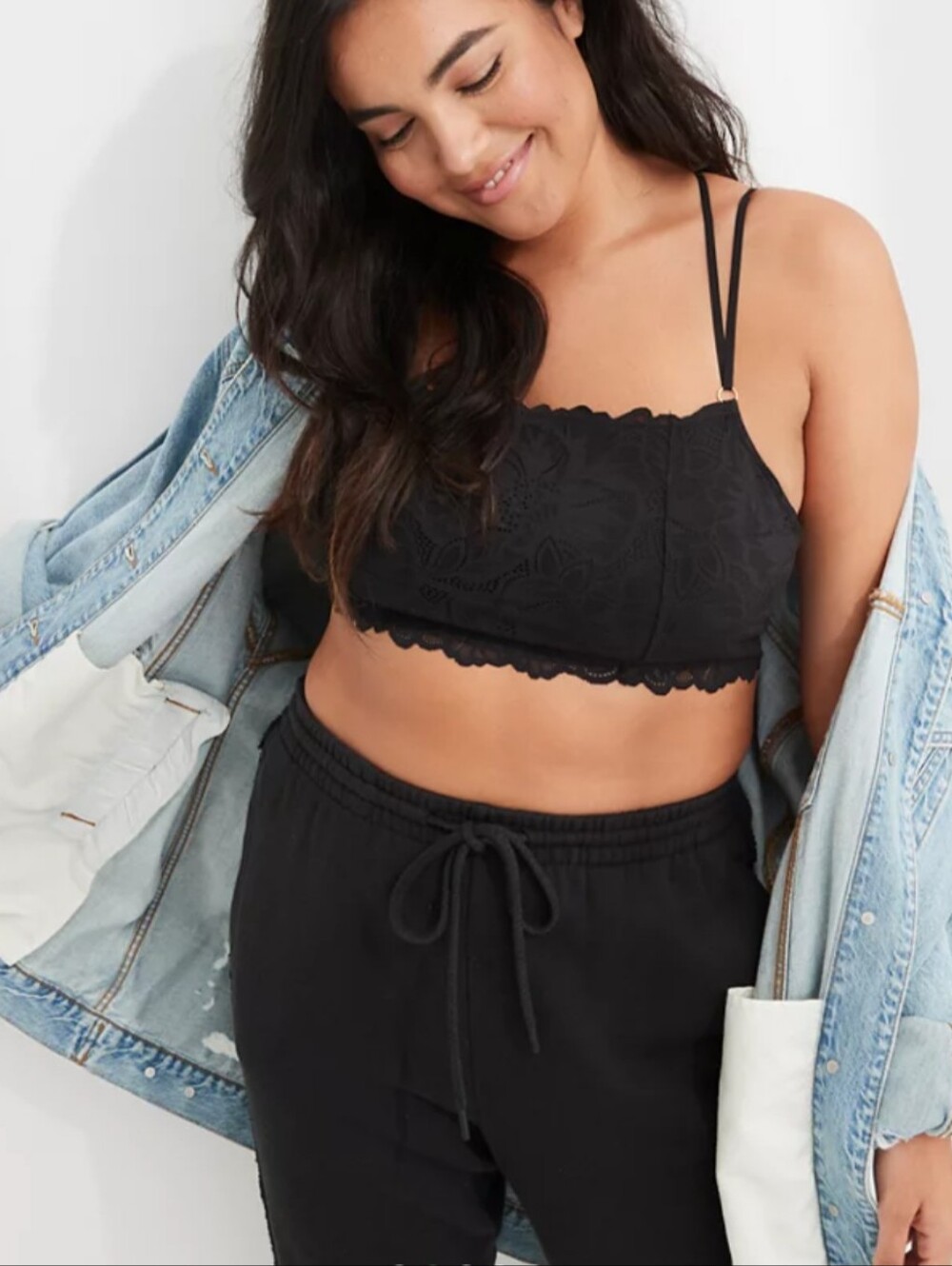 Aerie Holiday Best Lace Longline Bralette Black Size Large NEW